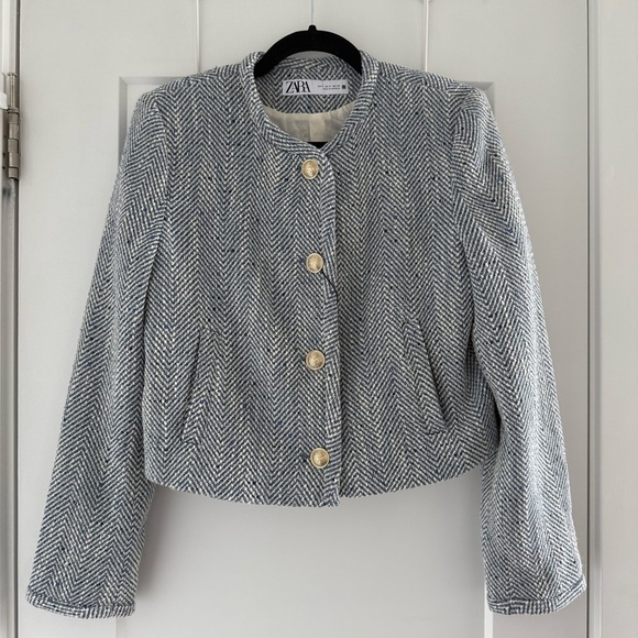 Zara blue & white cotton tweed herringbone blazer jacket - size Small (S) NWT - Picture 6 of 8